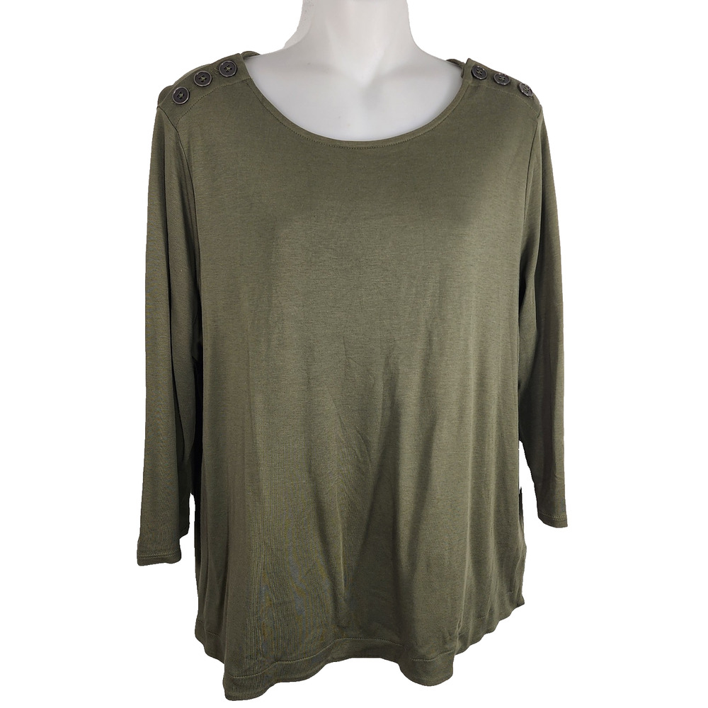 J Jill Womens Top L Petite Green Knit Shoulder Buttons 3/4 Sleeve Cotton Modal